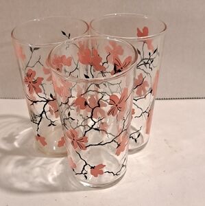 Set of 3 Vintage Federal Glass 4oz Juice Glasses Dogwood Pink and Black.